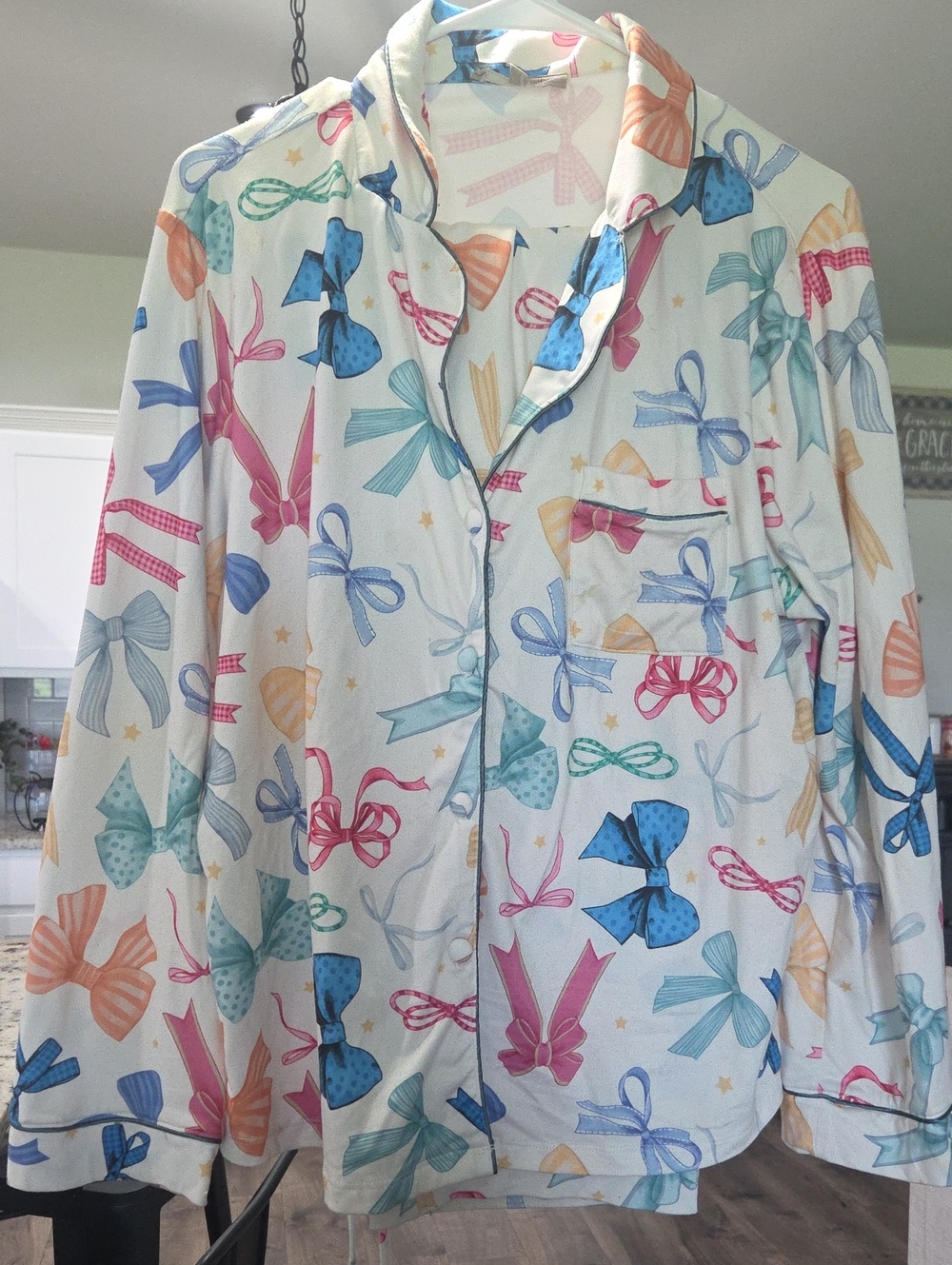 Bow-Print Long Sleeve Pajama Top - Multicolor on White